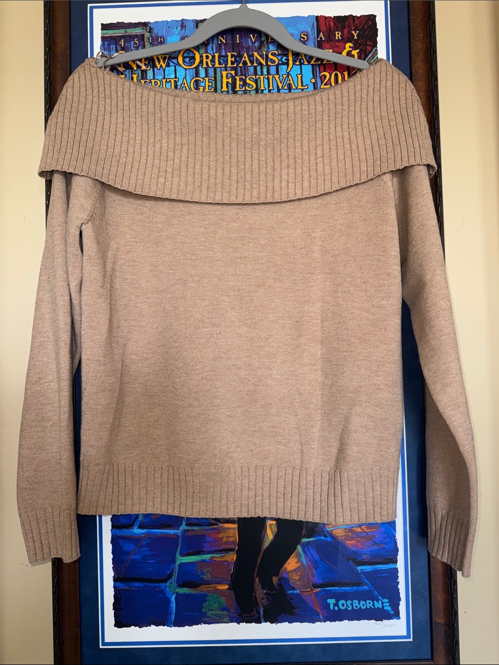 Heartloom Beige Off-Shoulder Foldover Ribbed Sweater